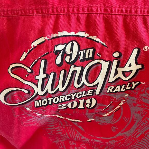 Sturgis Sleeveless Shirt Men's Size Large Red Raw Hem 2019 Motorcycle Rally - Picture 9 of 13
